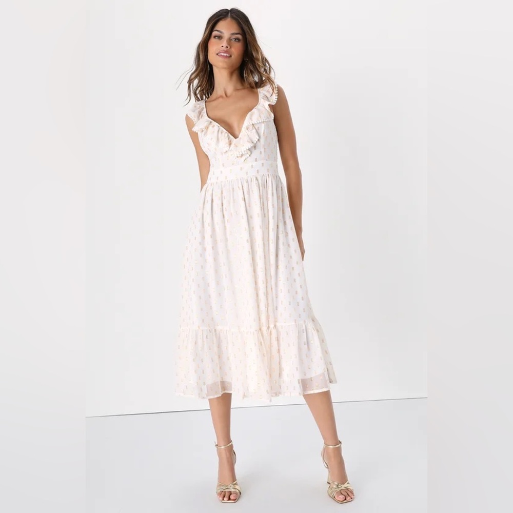 Lulus brand new white midi dress with gold details